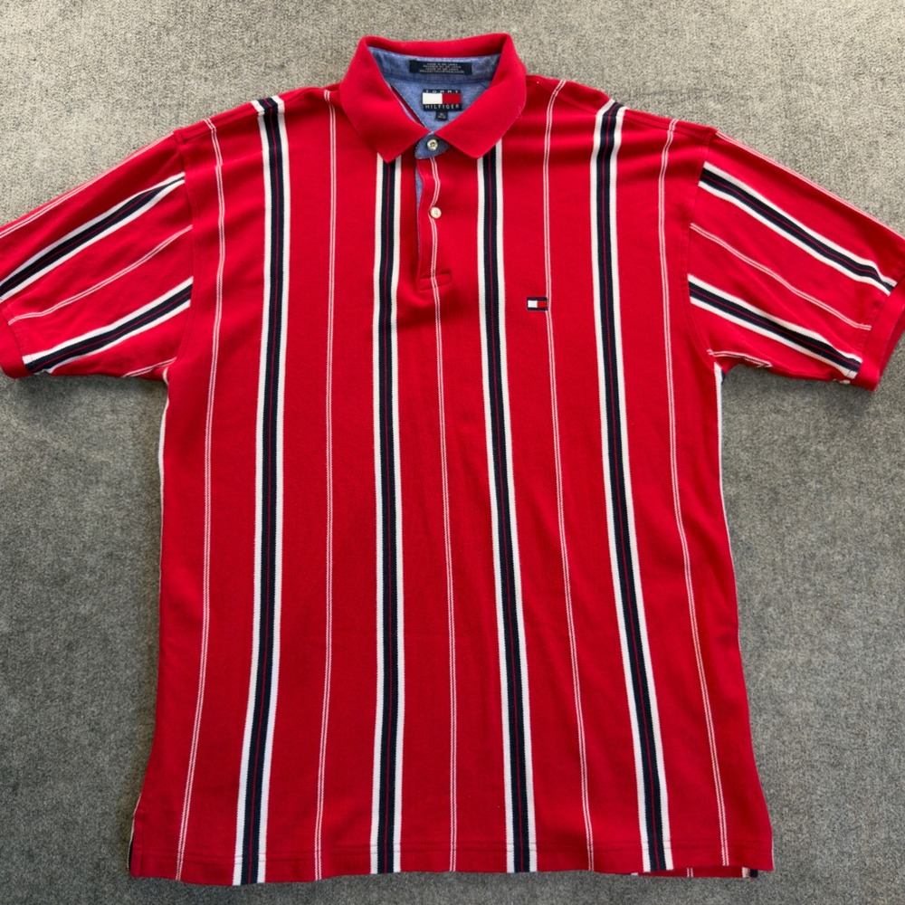 Vintage Tommy Hilfiger Striped Polo Shirt Men's XL Red Blue White Short Sleeve